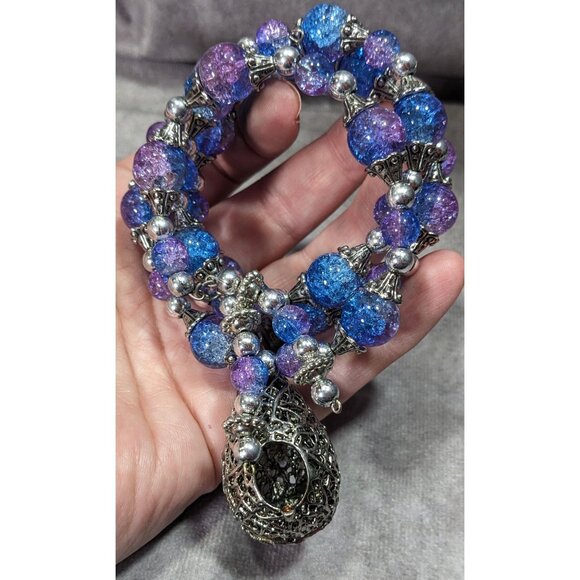 Handmade Fairycore Bird's Nest Blue And Purple Beaded Coil Bracelet - Picture 8 of 8